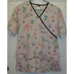 Disney Womens Pink Tinkerbell Faux Wrap Tie Back Medical Nursing Scrub Top Sze M